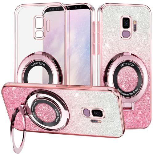 Yarxiawin für Samsung Galaxy S9 Hülle Silikon Transparent Glitzer Magnetisch Aesthetic, Kompatibel mit Magsafe Handyhülle für Samsung S9 mit Ständer Schutzhülle (Rose)