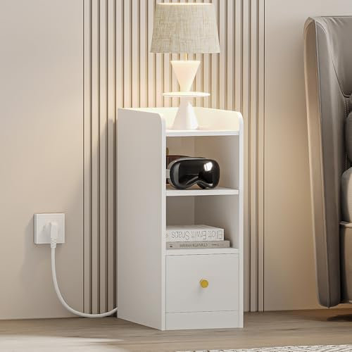 Hzuaneri Table de Chevet avec Multiprise, Port USB et Type C, Table d'appoint Étroite, Espace de Rangement à 3 Niveaux avec 1 Tiroir, pour Chambre à Coucher, Salon, Blanc NS36403X