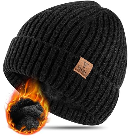 YESWEL Mütze Herren, Weichem Wintermütze mit Stretch,Warm Beanie mit Fleecefutter, Unisex Strickmütze für Winter(Schwarz