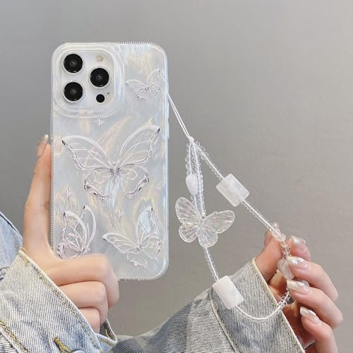 Lomzexwi Handyhülle für iPhone 11 Pro Max Hülle mit Perlen Armband, Federgarn Schmetterling Blume Design Aesthetic Frauen Mädchen Glitzer Kristall mit Chain TPU Case für iPhone 11 Pro Max