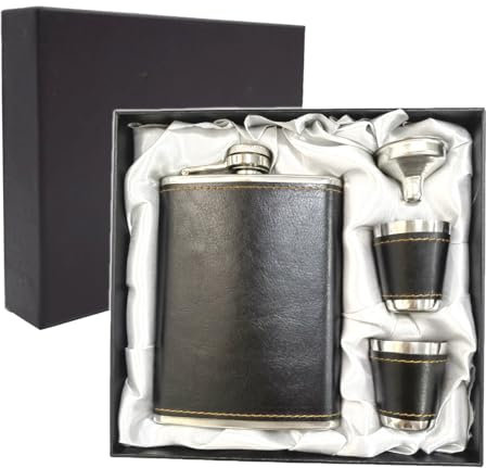 Juego de Petaca Con Embudo y Vasos de Chupito - Acero Inoxidable 8 Onzas + Piel Sintética, a Prueba de Fugas Para Licor y Whisky