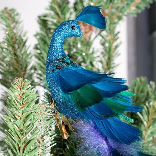 HEBEOT Künstliche Pfauen, gefiederter Weihnachtsbaumschmuck, künstliche blaue Pfauen, gefiedert, für Weihnachtsbaum, Wohnzimmer, 45 x 6 cm