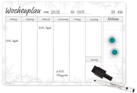 TimeTEX - Whiteboard-Wochenplan A4 Meine Woche, magnetisch, 4-tlg. | Terminplaner für Haushaltsplan, Einkaufsliste und Notizen | Inklusive 2 Magnete und 1 Folienstift