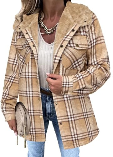 Onsoyours Veste à Carreaux Femme Hiver Polaire Manteau Carreaux Manches Longues Bouton Chaud Blouson Veste à Capuche A Kaki L