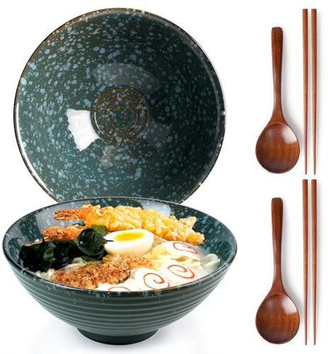 NUTRIUPS 1200ml Ceramic Ramen Bowl Set of 2 Noodle Bowls with Chopsticks and Spoons (Emerald)