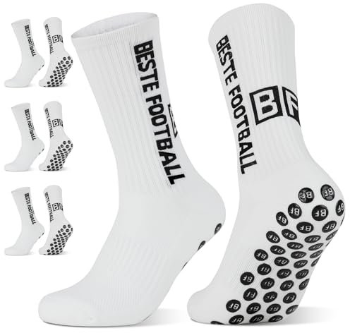BESTE FOOTBALL SOCKS 3 Paar rutschfeste Fußballsocken für Herren Damen und Kinder, EU 35-39 39-46 Grip Fußball, für Yoga, Tennis (DE/NL/SE/PL, Numerisch, 35, 39, Regular, Regular, 35-39, Weiß)