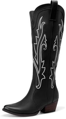 DREAM PAIRS Stivali da Cowboy Alti Fino al Ginocchio con Cerniera Laterale da Donna, Comodi Tacco Grosso Retrò Stivali da Cowgirl Western Ricamati,Size 44,Nero,DWUMKB2501