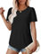 Aokosor Womens Tops Women Beach Fashion-Scoop Neck Puff Sleeve Tee Eyelet Embroidery Ladies Summer Tops Curved Hem Shirts Black Size 18-20