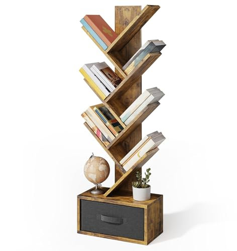 Xbro Libreria a forma di albero, a 7 livelli, a forma di albero con cassetto, per CD, DVD, libreria, in legno, per soggiorno, camera da letto, ufficio, 38 x 19,5 x 113 cm, marrone vintage