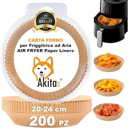 Akitaink Carta forno per friggitrice ad aria 200 pezzi Food-Grade BPA Free 20x24x4,5 cm Carta Air Fryer Rotonda - Ideale per una cottura sana Carta rotonda Antiaderente Monouso - Facilità di Pulizia