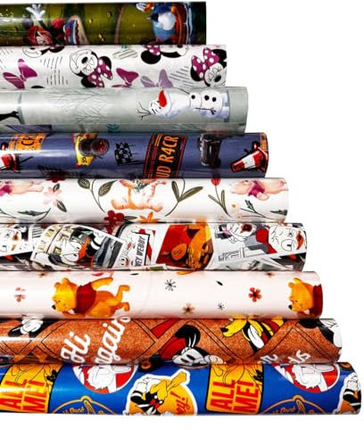 Geschenkpapier Set Disney Motive (9 Rollen) 2 m x 70 cm - Geschenkpapier für Disney Fans, Geschenkverpackung Geburtstag, Ostern, Weihnachten
