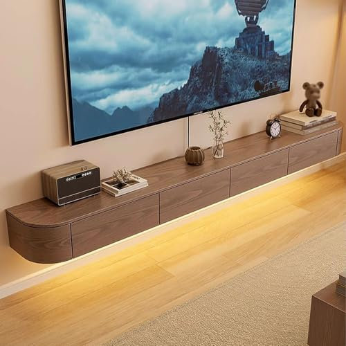 Floating TV Unit with LED Lights, Wall-Mounted TV Cabinet, Media Wall Unit with Storage, Entertainment Unit for Living Room, Modern Floating TV Stand with Drawers and Shelves (Walnut+LED, 180CM)
