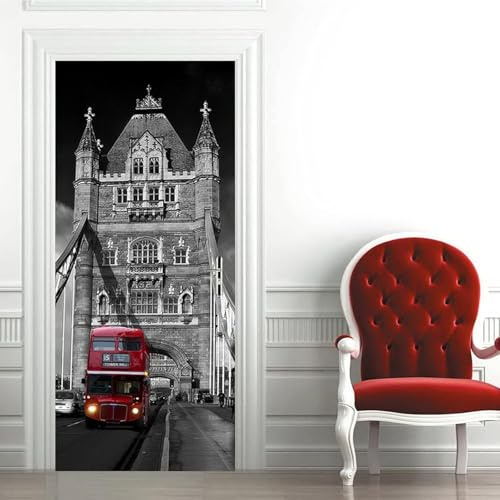 Türtapete Selbstklebend 80x200 cm Graue Tower Bridge Türaufkleber 3D Roter Bus Türposter Türfolie Poster Tapete PVC Wasserfest für Schlafzimmer Wohnzimmer Tür A-870