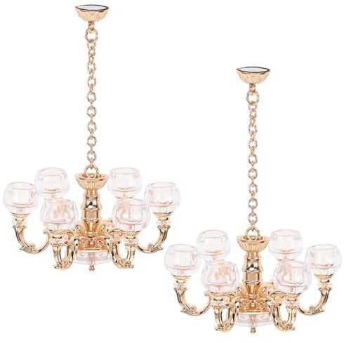 Toddmomy 2 Stück Mini Kronleuchter Puppenhaus, Elegante Miniatur Deckenleuchte in Gold, Maßstabsgetreue Puppenstube Zubehör Lampe für DIY Landschaften & Zimmer Deko, Vintage Licht Modell, 1:12