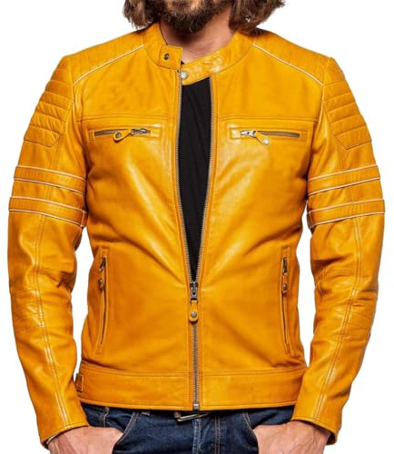 Fancyd Giacca da motociclista gialla in vera pelle di agnello, trapuntata, con cerniera, da uomo, per motociclisti, Giallo - Vera Pelle, S