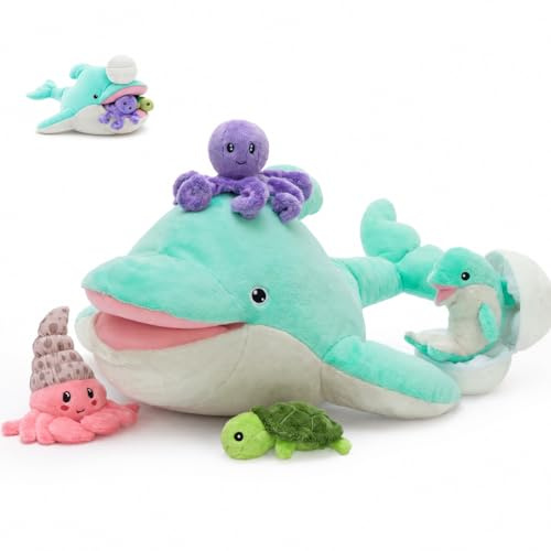 MorisMos 6 stücke Delphin Plüschtier Set, 52cm riesen grün Delfin Kuscheltier XXL mit 5 Babys im Bauch, Dolphin Geburtstag Weihnachten Geschenk für Kinder
