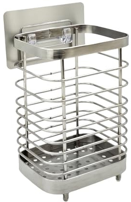 Stainless Steel Utensil Holder & Cutlery Drainer Rack – 304 Rust-Proof Kitchen Organizer Sink Tidy Storage for Forks, Spoons, Knives– Space-Saving Countertop or Wall Mount (10 x 7.5 x 15cm) (Silver)
