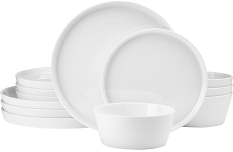 Mikasa Rylee High Rim 12 Piece Bone China Durable Chip Resistant Lightweight Dinnerware Set, Service for 4, White