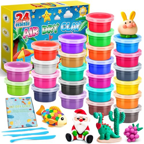 FENSHWIN Modelliermasse Lufttrocknend, 24 Farben Lufttrockener Magischer Knete für Kinder, Air Dry Clay