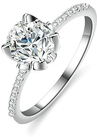 Mesnt Frauen Ehering, Damen 14 Karat Weißgold Verlobungsring mit 1 Karat rundem, im Labor hergestelltem Diamanten, Größe 52 (16.6)