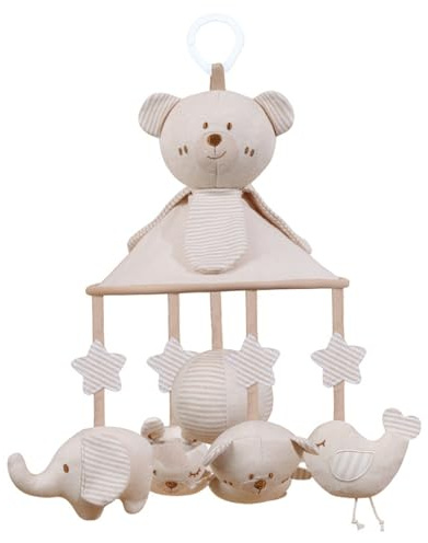 Babybett-Mobile, spiralförmiges Cartoon-Kinderbettspielzeug zum Aufhängen mit Spieluhr und Quietschrasseln, sicher und weich für Jungen Mädchen, ohne Batterie, Bär