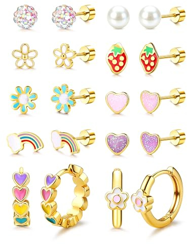 YADOCA 10/12 Paires Boucle d'Oreille Enfant Fille Or/Argent Boucles d'Oreilles Femme Acier Inoxydable Petites Creoles Hypoallergénique Cœur Fleur Papillon Perle Mignon Bijoux Cadeau Filles