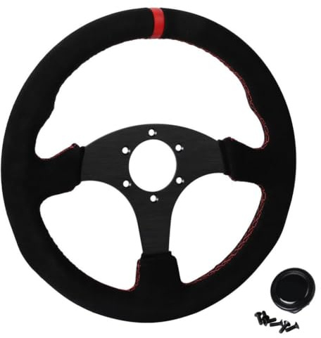 CTorr0Sve 330mm Flat Steering Wheel Suede Aluminum Frame 13 Inch Drift Racing Pc Game Steering Wheel Compatible With Universal Gaming Controllers(6028BK-MS-RD-RD)