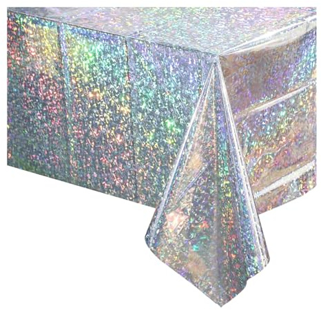 Ovanda 137 x 274 cm Silber Glitzer Tischdecke, Glänzend Tischläufer | Regenbogen Silber Tischläufer,Disco Party Tischdeko,Geburtstag Tischdeckes,Disco Thema Partydeko,Discos Partyzubehör