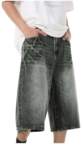 Foweknow Pantaloni a tre quarti da uomo, in denim, larghi Y2K, vestibilità larga, pantaloni da jogging da uomo, in denim, estivi, retrò, Jorts Baggy, gamba dritta, bermuda, streetwear