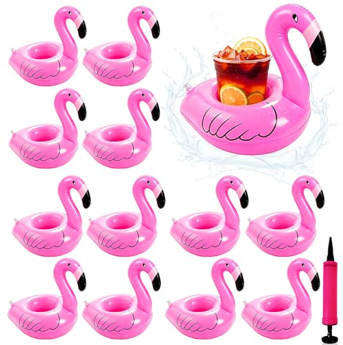 yolzhxe 12 Stück Getränkehalter Pool, Aufblasbarer Getränkehalter Flamingo | mit Luftpumpe Kleiner Flamingo Aufblasbar für Aufbewahrung von Verschiedenen Flaschen, Dosen Oder Kleinen Snacks