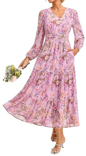 GRACE KARIN Women's A-line Maxi Dress Summer Floral Wedding Guest Dresses | Long Sleeve V-neck Chiffon Dress with Pockets, Zip Up, Shirred Back Waist, Wedding Party Holiday Dresses for Women UK