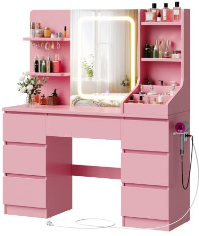 JUMMICO Schminktisch Groß 108cm, Frisiertisch mit Beleuchtung (3 Farben), Makeup Table mit Viel Stauraum, Schminktisch mit Steckdose & Haken, Vanity Desk, Rosa