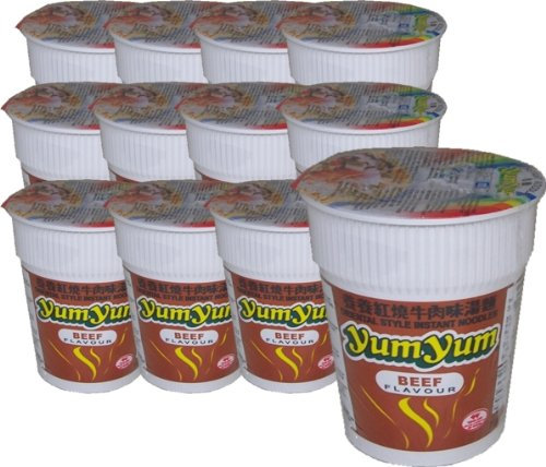 12 x Cup Nudelsuppe mit Beef / Rindgeschmack - yumyum 70g - asiafoodland Spar-Set inkl. 3 x gratis Real Stevia Sticks (3x2 g)