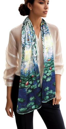 Prettystern Damen 160cm Kunstdrucke Seidenmalerei Handgerollt blau Seidenschal Claude Monet - Seerosen/Water Lilies P538