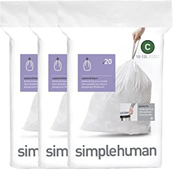 simplehuman CW0252 code C Custom Fit Bin Liner Bulk Pack, White Plastic (3 Pack of 20, Total 60 Liners)