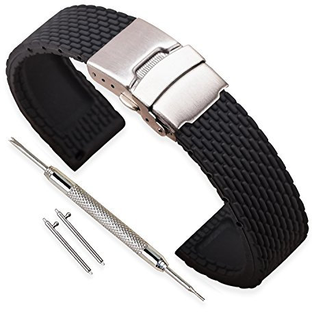 VINBAND Unisex Wasserfest Gummi Uhrenarmband mit Edelstahl Silber Faltschließe 22mm Schwarz