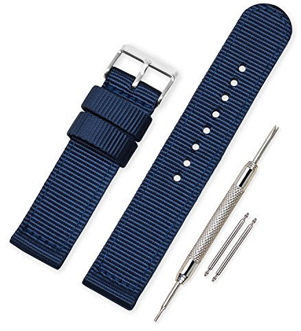 VINBAND Unisex Militär Nylon Uhrenarmband mit Edelstahl Silberne Schnalle 24mm Dunkelblau
