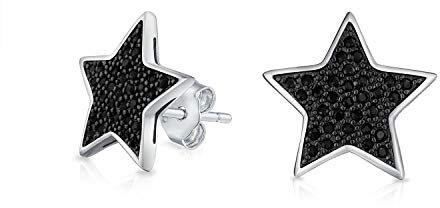Unisex Usa Amerikanische Patriotische Rockstars Funkelnde Kubikzirkonia Micro Pavé Schwarze CZ Himmlische Stern Ohrstecker Für Jugendliche Männer Frauen Schwarzes .925 Sterlingsilber
