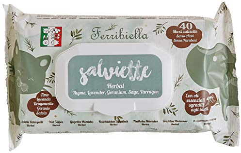 Ferribiella Wet Wipes for Cats and Dogs – Herbal with Essential Oils – Thyme, Lavender, Geranium, Sage – Insect Repellent – ​​Alcohol and Paraben Free – 12 Packs of 40 Large Wipes
