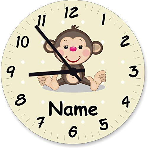 ShirtInStyle Wanduhr Kinderzimmer Wanduhr AFFE mit Wunschnamen Geschenk Uhr Kinder Handmade, 20cm, Pastellbgelb