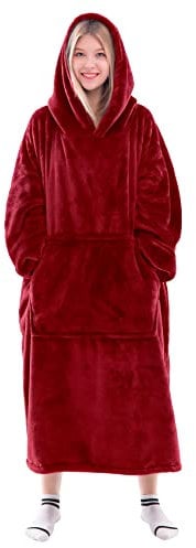 Waitu Tragbare Decke Sweatshirt für Damen und Herren, super warm und gemütlich, große Decke, Hoodie, Dicke Flanelldecke mit Ärmeln und riesiger Tasche, Rot