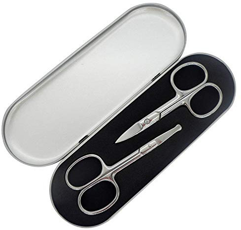 2-teiliges Gesichtshaar-Trimm-Set mit Aufbewahrungsbox, Edelstahl-Pflege, kleine Schere, Nasenhaar, Bart, Schnurrbärte, Augenbrauen, Wimpern, Ohrhaarschneider für Männer und Frauen