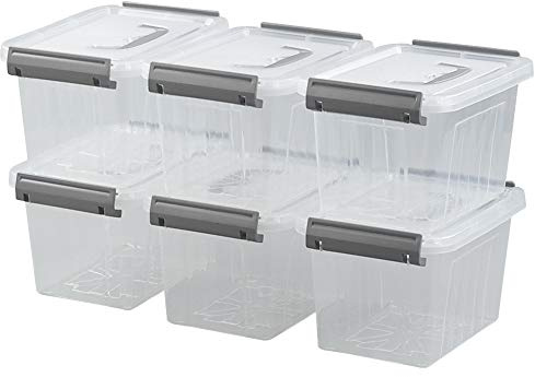 Jandson Small Clear Lidded Storage Box, Latching Bin Container, Pack of 6 | with Gray Handle