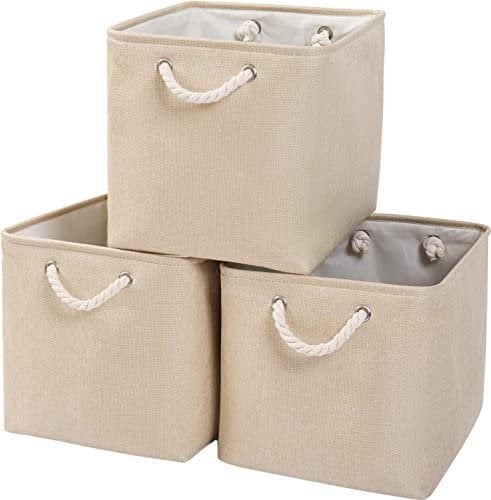 Mangata Aufbewahrungsbox Stoff,33 x 38 x 33 cm Großer Grau Aufbewahrungskorb, Boxen Aufbewahrung für Schrank, Regal(Beige, 3 Pack)