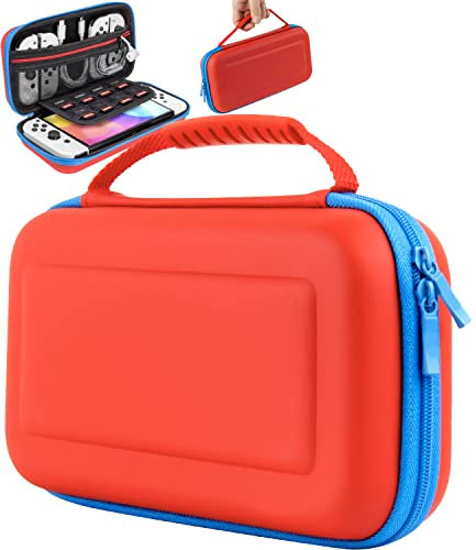 Estuche de Viaje portátil Resistente Marca Orzly Compatible con Nintendo Switch OLED y Switch Original Color Rojo/Azul neón con múltiple almacenaje para Juegos y Accesorios - edición Caja Regalo
