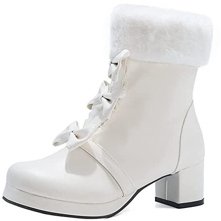 HOTRA Lolita Scarpe Tacco Piattaforma Décolleté Mary Jane Sweet Bow Stivali Scarpe da Festa con Cerniera in Pelliccia a Punta Tonda (Color : Bianco, Size : 41 EU)
