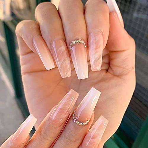 RUNRAYAY Nude Marble French Press On False Nails, extra lange Kunstnägel mit Nagel-Strasssteinen, Sarg-Acryl-Nägelspitzen für Frauen und Mädchen, 24 Stück