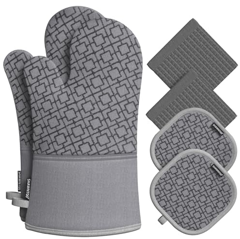Oven Mitts and Pot Holders Set 6pcs, Kitchen Oven Glove,High Heat Resistant 550 Degree Extra Long Oven Mitts and Potholder with Non-Slip Silicone Surface for Cooking Baking Grilling…