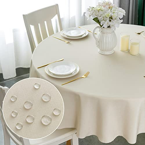 Yeahshion Runde Tischdecke Fleckabweisend Beige Φ120cm, wasserdichte Tischdecke Polyester-Leinen-Optik für Tisch, Esszimmer, Restaurant Schutz (Beige, Φ120cm)