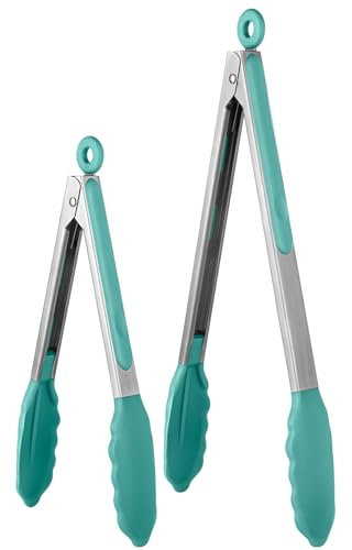 Hitzebeständige Silikon-Küchenzange: U-Taste 315℃ Wärmebeständig Kochzangen-Set mit fest versiegelten Antihaft-Gummispitzen und silikonbeschichtetem Edelstahlgriff (23/30 cm, Aqua Sky)